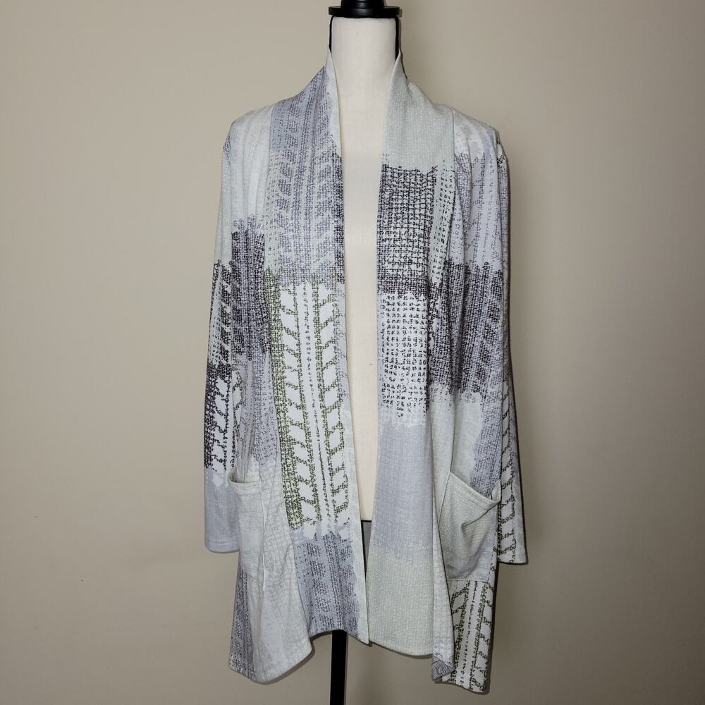 Lily by Firmiana L Open Front Long Cardigan Duster Draped Collar Patch Pockets
